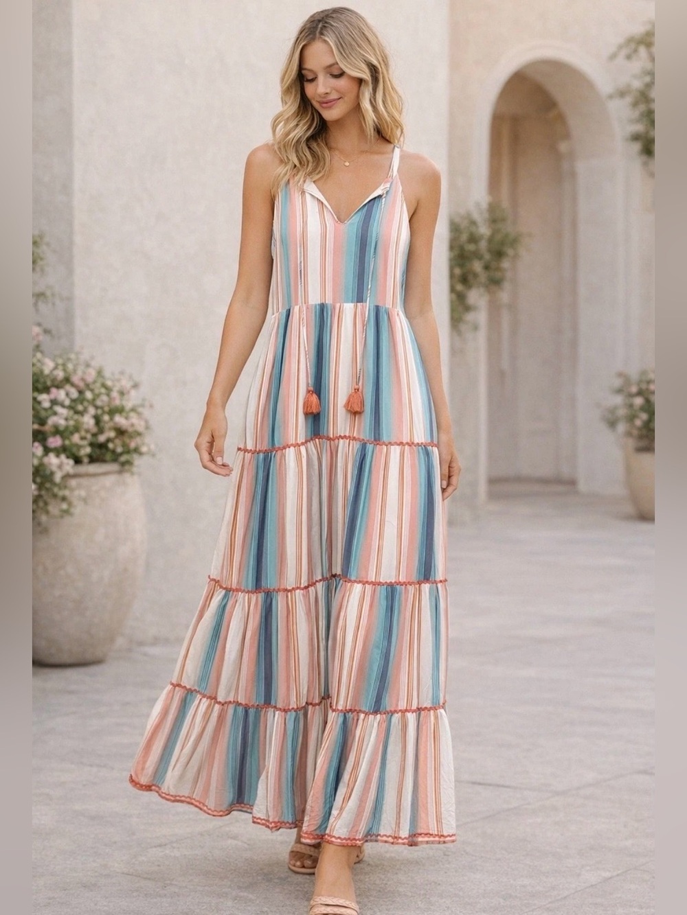 🦢Matilda Jane Pastel Multi-Striped Spaghetti Strap Maxi Dress size L GUC